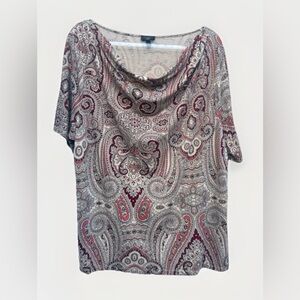 Talbots Blouse Top Women 3X Paisley Cowl Neck Tan Multi Short Sleeve Stretch